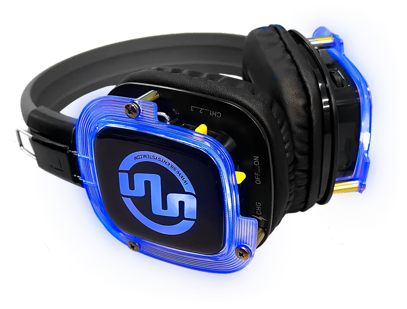 SX-809 Super Power Bass silent disco headphones with blue LEDs on
